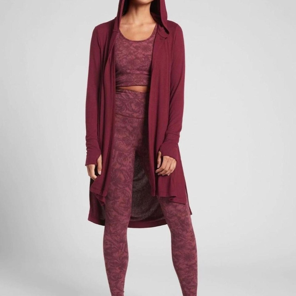 Athleta Harmony Wrap Burgundy Hooded Draped Cardigan Duster Yoga Athleisure